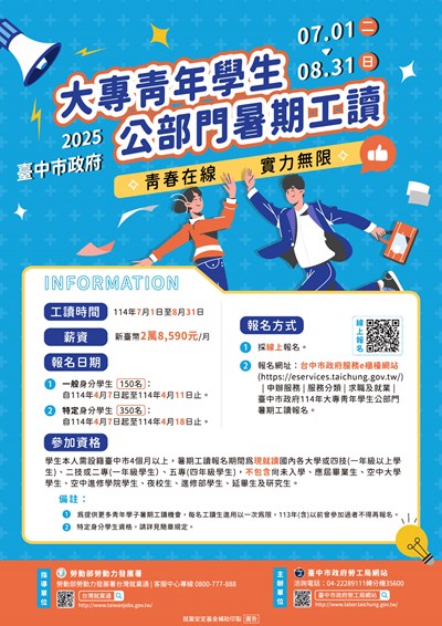 114年臺中市大專青年學生公部門暑期工讀海報