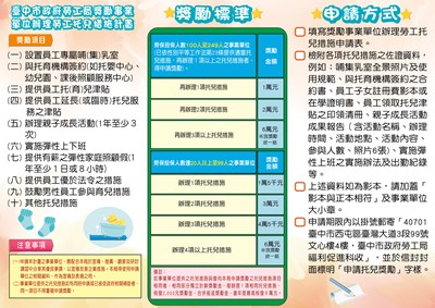 臺中市政府勞工局獎勵事業單位辦理勞工托兒措施計畫簡介