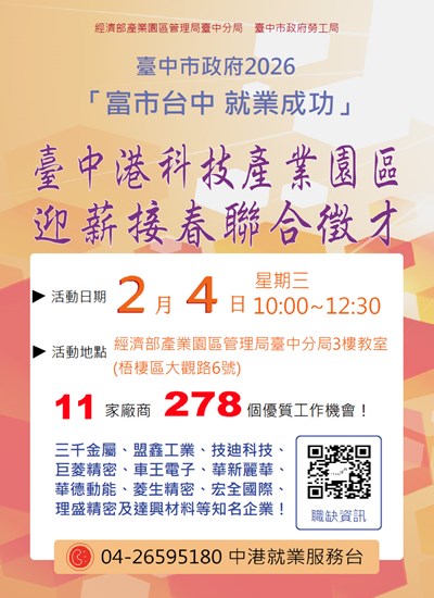 2026-02月04日「富市台中 就業成功」臺中港科技產業園區迎薪接春聯合徵才-海報